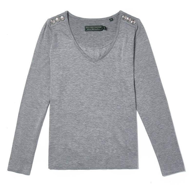 Holland Cooper Long Sleeve Vee Neck Tee - Grey Marl-4